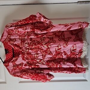 Vineet Bahl Inge pink Red Butterfly Anthropologie floral embroidered top L